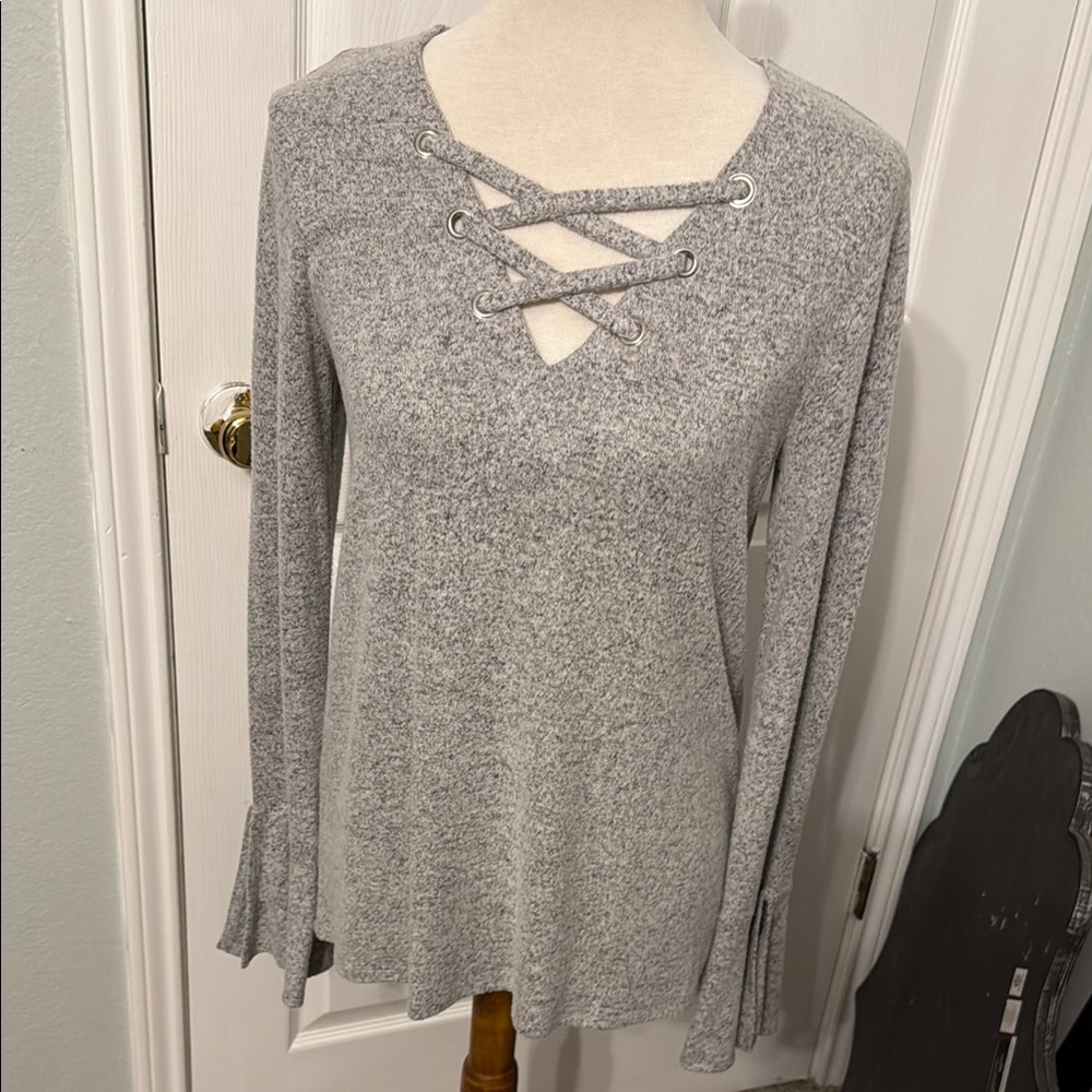 I.N. San Francisco Heather Gray Lace-Up Blouse